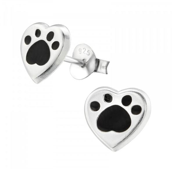 Heart Paw Sterling Silver Stud Earrings
