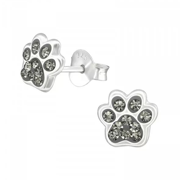 Crystal Paw Print Sterling Silver Stud Earrings