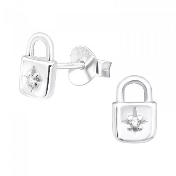 Padlock Sterling Silver Stud Earrings with Cubic Zirconia